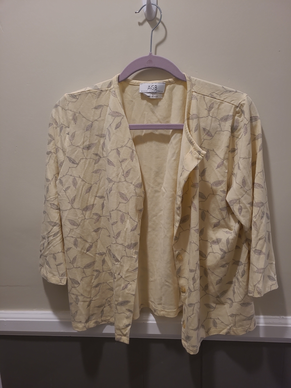 Vintage AGB Byer California Yellow Leaf Cardigan 3/4 Sleeve Large USA